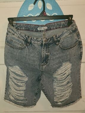 Highway Jeans Light Blue Distressed Denim Shorts with Red Stitching